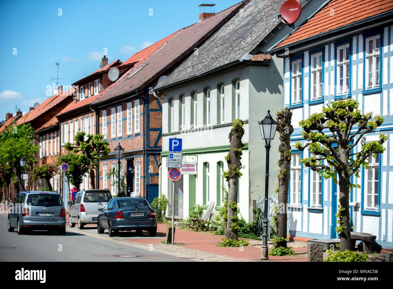 04 May 2018, Germany, Gartow: Historical buildings along the town's main street in the district of Luechow-Dannenberg. Photo: Hauke-Christian Dittrich/dpa Stock Photo