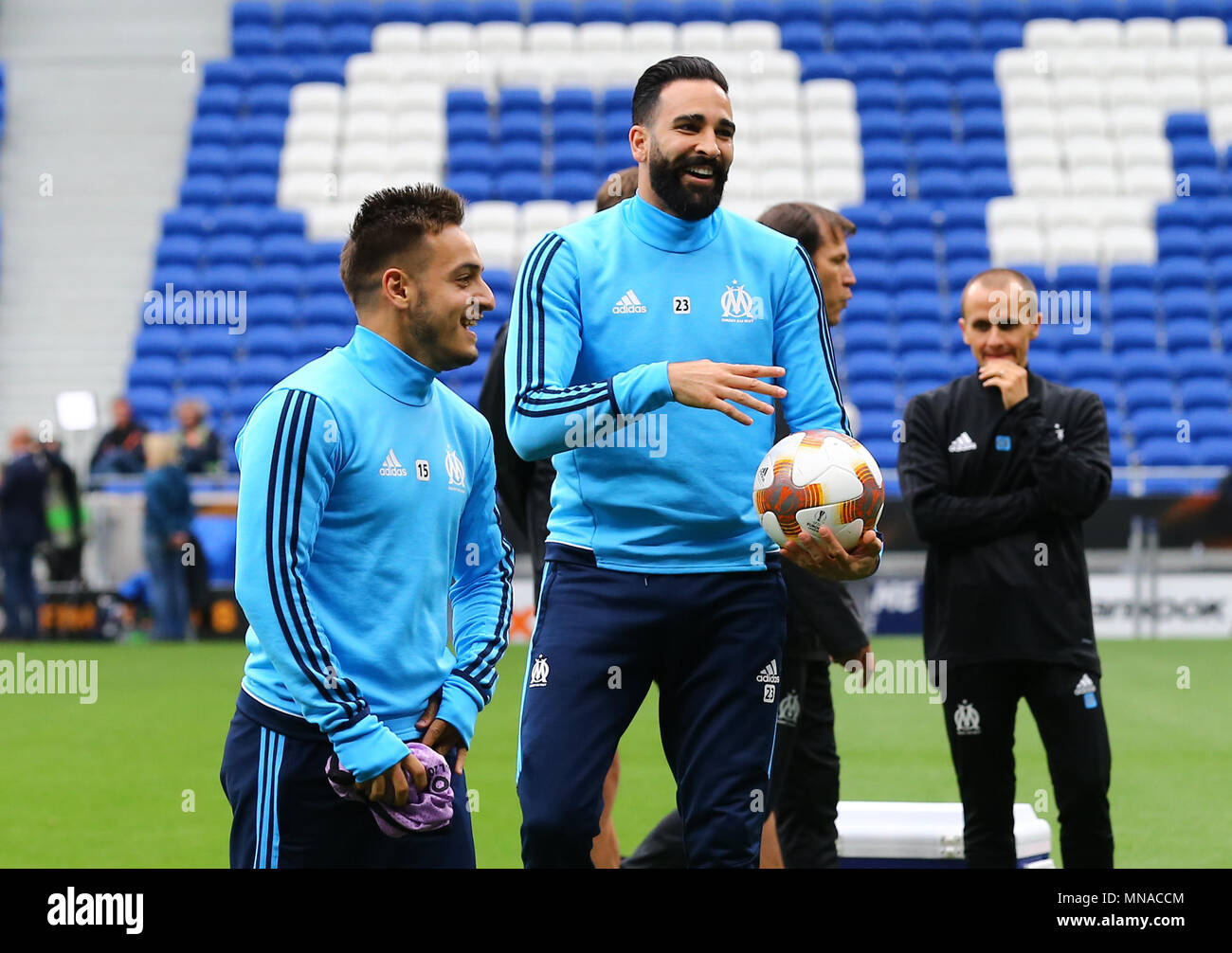 Adil Rami of Marseille and Yusuf Sari of Marseille during a Marseille training session, prior to the Europa League final, at Parc Olympique Lyonnais on May 15th 2018 in Lyon, France. (Photo by Leila Coker/phcimages.com) Stock Photo
