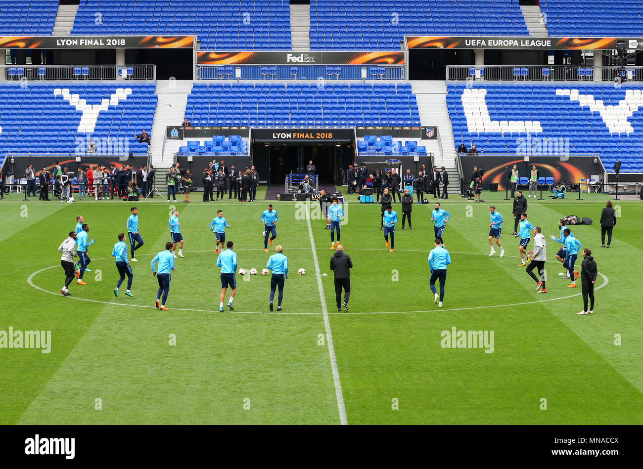 Olympique Marseille team warming up during a Marseille training session, prior to the Europa League final, at Parc Olympique Lyonnais on May 15th 2018 in Lyon, France. (Photo by Leila Coker/phcimages.com) Stock Photo