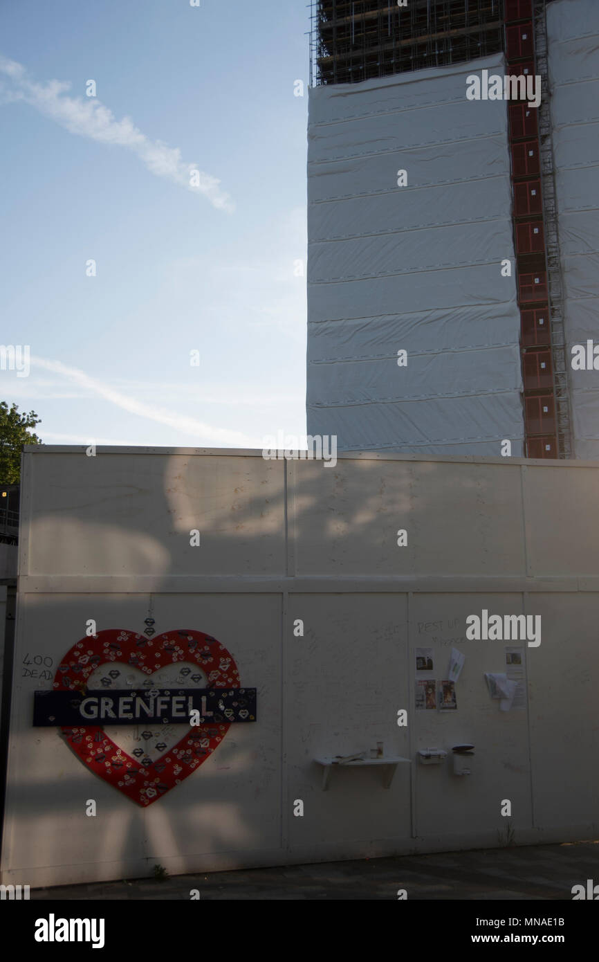 London, UK, 15th May 2018 Evening. Grenfell Tower, Scene of the disastrous fatal fire one month before the first anniversary when the Hotpoint Fridge Freezer FF175B is deemed safe by an investigation. Credit ibeep Images/Alamy Live News Stock Photo