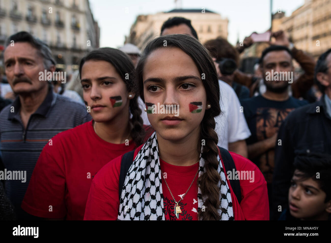 Madrid, Spain. 15th May, 2018. Two young women protesting against the last deaths in Gaza Strip coinciding with the Nakba Day. Palestinians have showed solidarity the day after Israeli army killed dozens of Palestinians protesting in Gaza for the new US embassy in Jerusalem. Madrid, Spain. Credit: Marcos del Mazo/Alamy Live News Stock Photo
