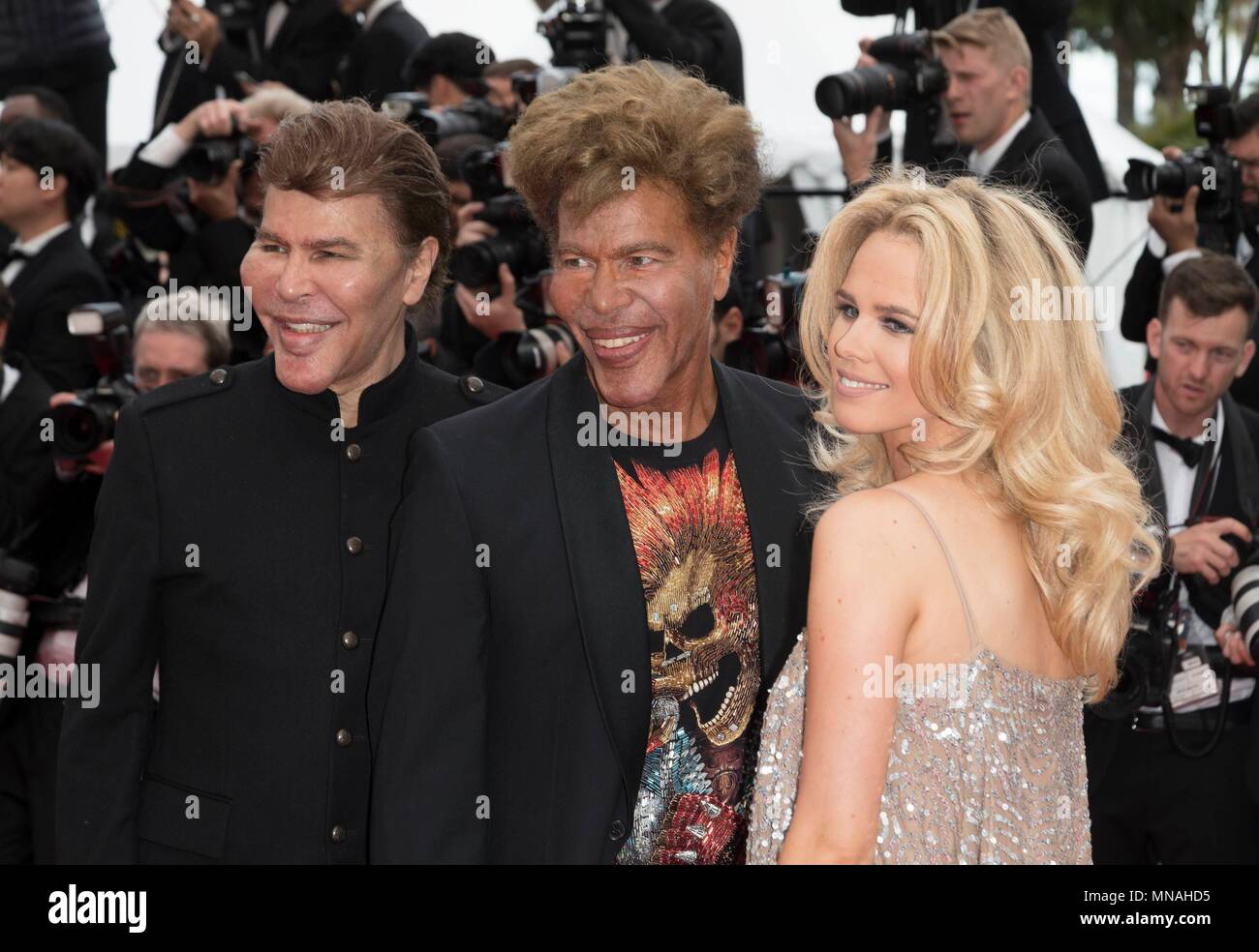Grichka Bogdanoff, Julie Jardon and Igor Bogdanoff attend the premiere of 'Solo: A Star Wars Story' during the 71st Cannes Film Festival at Palais des Festivals in Cannes, France, on 15 May 2018. | usage worldwide Stock Photo