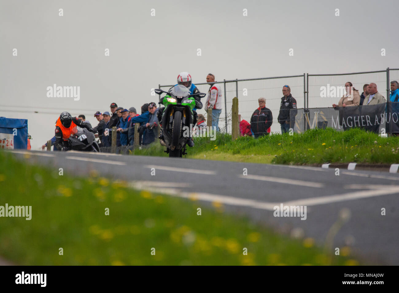 Portrush Northern Ireland. Tuesday 15th May 2018.  Race Practice for NW 200. Paul Mackey No 70 makes his debut on the course. He must wear an orange bib to warn other riders of his inexpereience. In this session he is following a more experienced rider to learn the course. Credit: Brian Wilkinson/Alamy Live News Stock Photo
