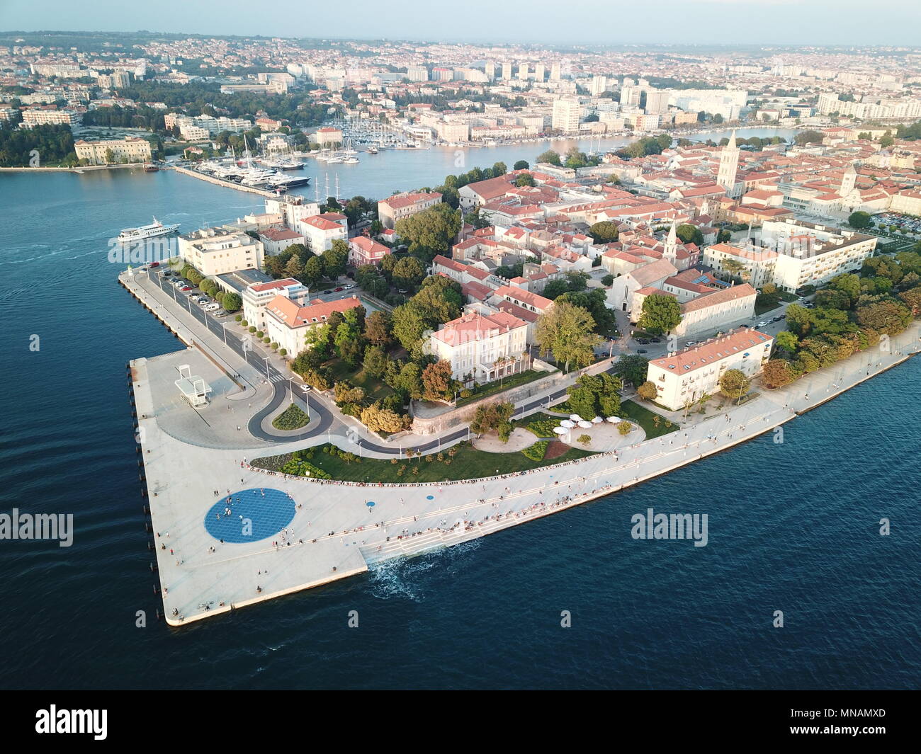 Zagreb. 13th May, 2018. Aerial photo taken on May 13, 2018 shows scenery of coastal city Zadar in Croatia. Zadar city is one of the well known Croatian tourist attractions situated on the Adriatic Sea along the west coast of the country. Credit: Gao Lei/Xinhua/Alamy Live News Stock Photo