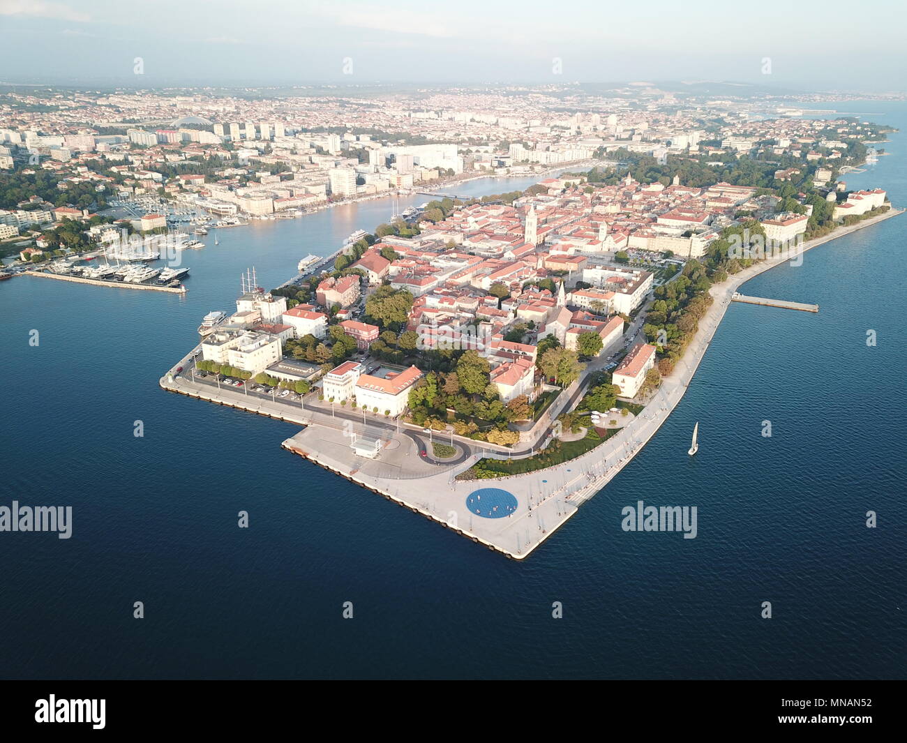 Zagreb. 13th May, 2018. Aerial photo taken on May 13, 2018 shows scenery of coastal city Zadar in Croatia. Zadar city is one of the well known Croatian tourist attractions situated on the Adriatic Sea along the west coast of the country. Credit: Gao Lei/Xinhua/Alamy Live News Stock Photo