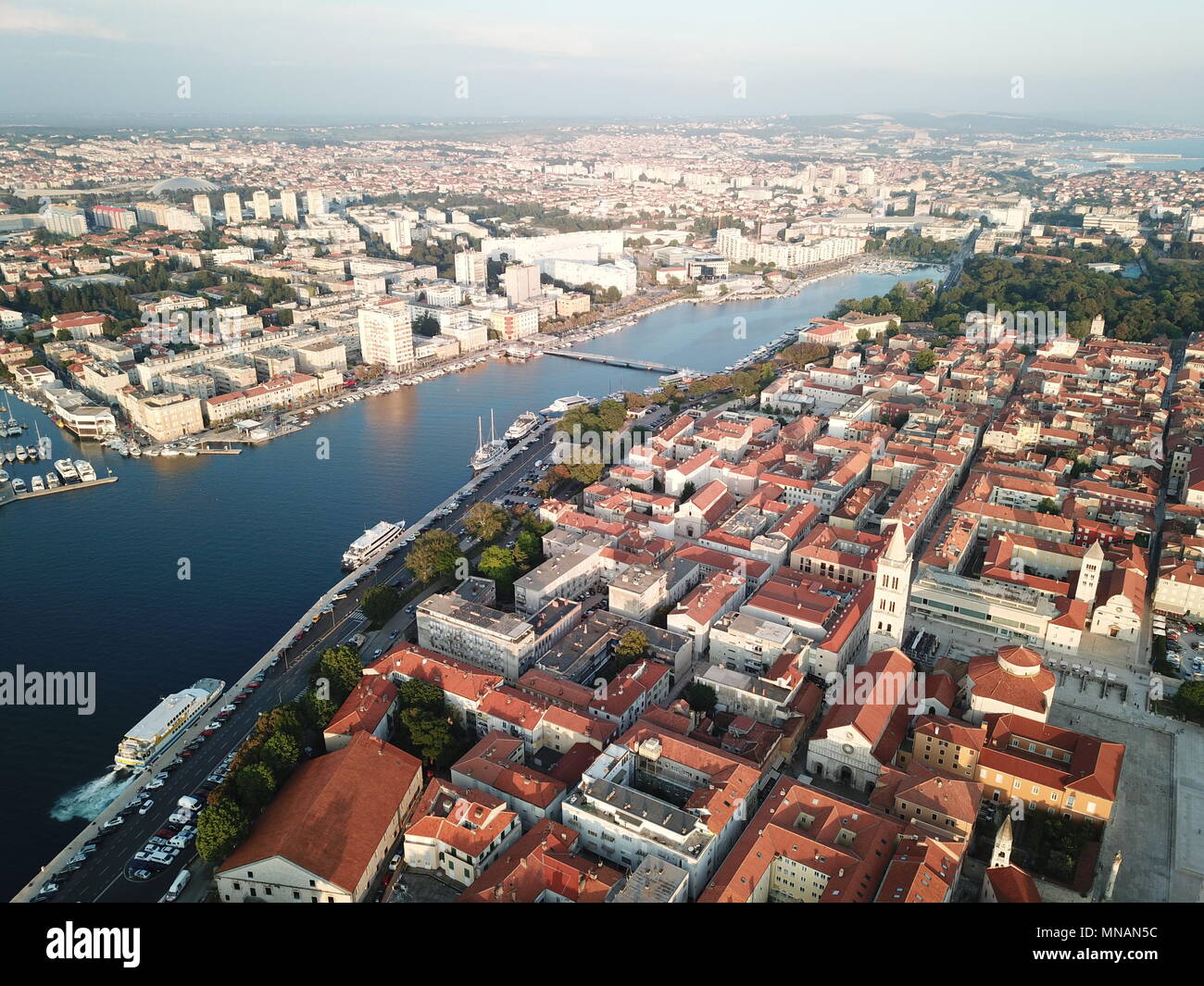 Zagreb. 13th May, 2018. Aerial photo taken on May 13, 2018 shows scenery of coastal city Zadar in Croatia. Zadar city is one of the well known Croatian tourist attractions situated on the Adriatic Sea along the west coast of the country. Credit: Gao Lei/Xinhua/Alamy Live News Stock Photo