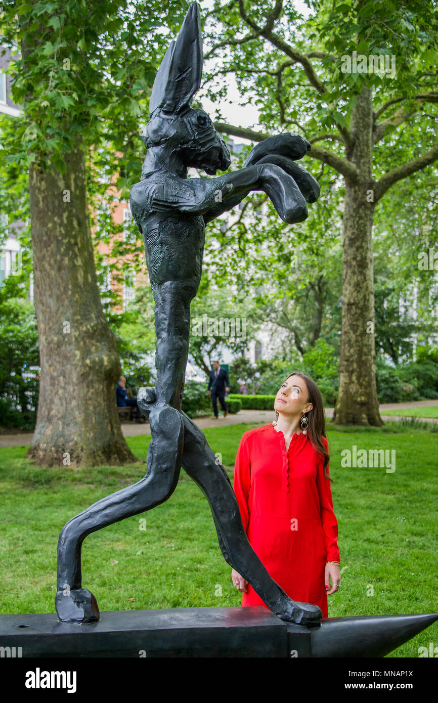 London, UK. 16th May 2018. Barry Flanagan, Boxing Hare on Anvil, 1989, estimate: £500,000-700,000 - Christie’s will present ‘Sculpture in the Square’ an outdoor sculpture garden set within St James’s Square, London, on view to the public from 17 May to 20 June 2018. Credit: Guy Bell/Alamy Live News Stock Photo