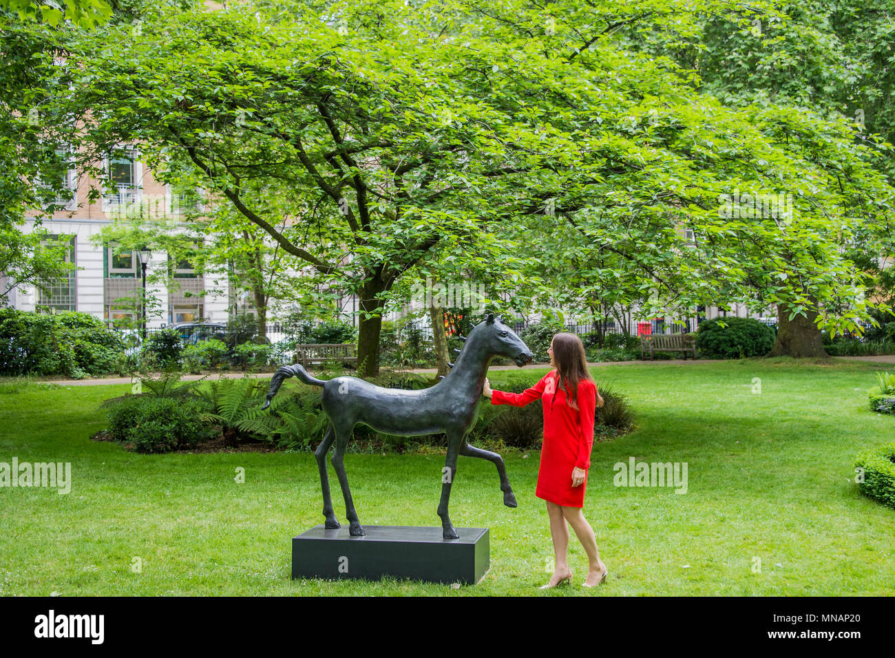 London, UK. 16th May 2018. Barry Flanagan, Field Day 2 (Kore Horse), 1987 - Christie’s will present ‘Sculpture in the Square’ an outdoor sculpture garden set within St James’s Square, London, on view to the public from 17 May to 20 June 2018. Credit: Guy Bell/Alamy Live News Stock Photo