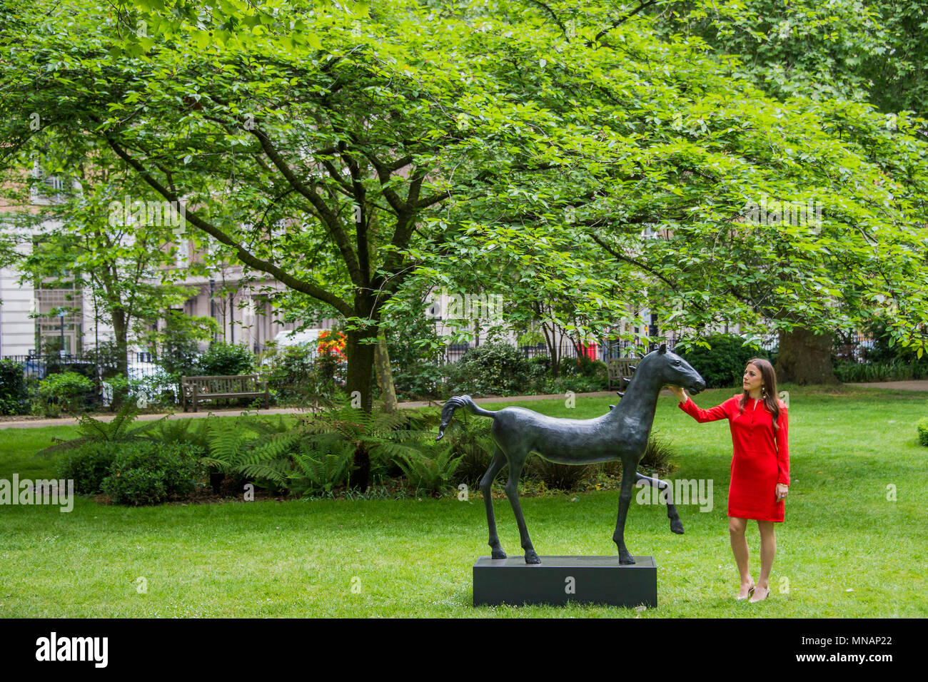 London, UK. 16th May 2018. Barry Flanagan, Field Day 2 (Kore Horse), 1987 - Christie’s will present ‘Sculpture in the Square’ an outdoor sculpture garden set within St James’s Square, London, on view to the public from 17 May to 20 June 2018. Credit: Guy Bell/Alamy Live News Stock Photo