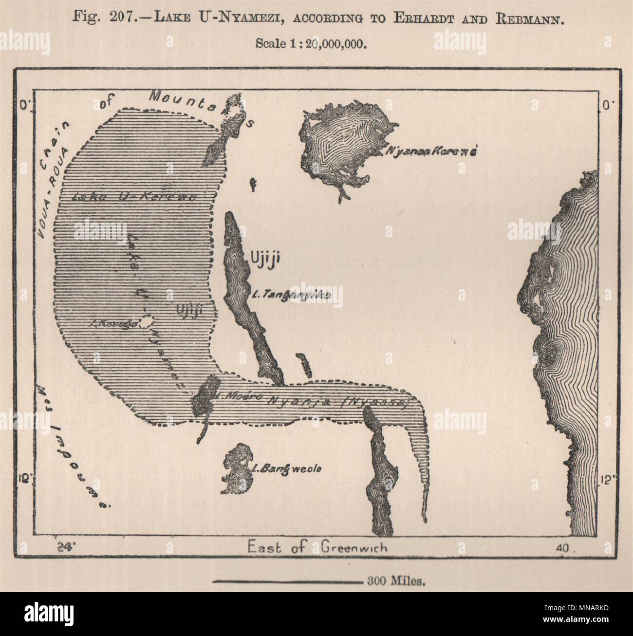 The mythical Lake Uniamesi, according to Erhardt & Rebmann. Tanzania 1885 map Stock Photo