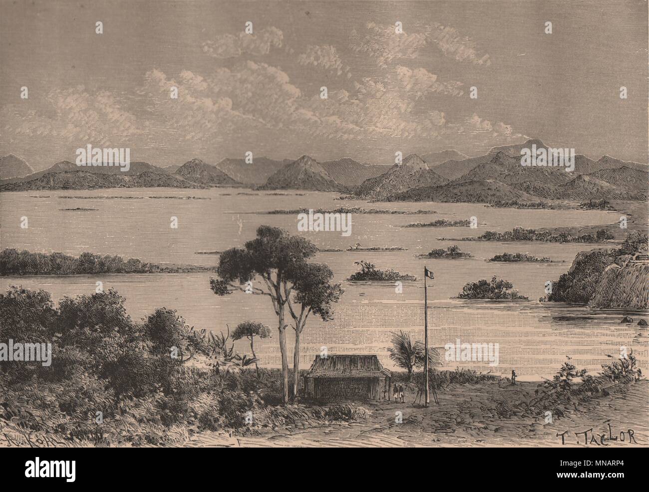 Stanley Pool. Pool Malenbo - View from Brazzaville. Congo 1885 old