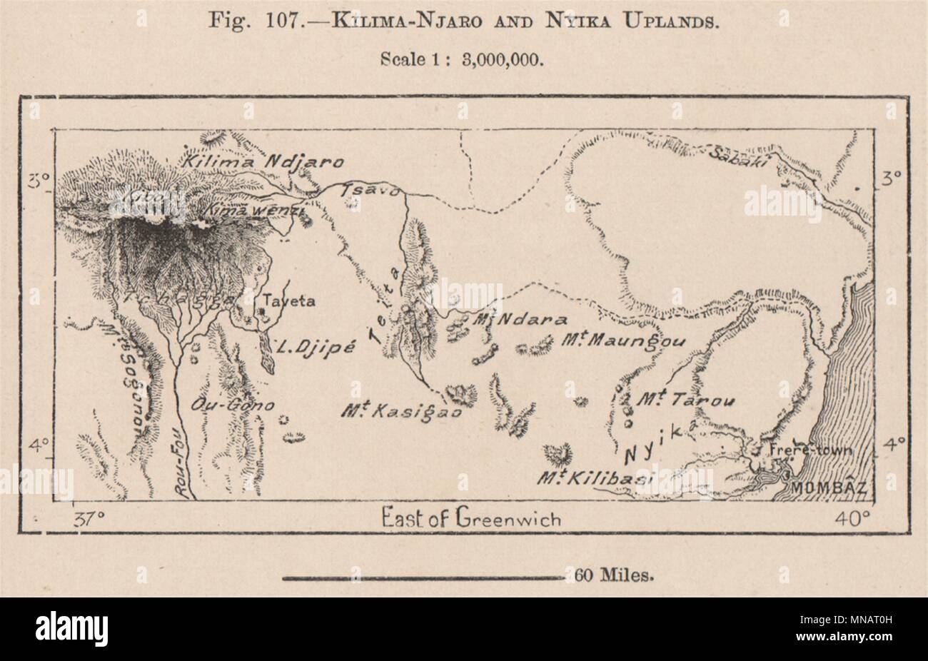 Kilimanjaro and Nyika Uplands. Nyiri/Taru Desert. Kenya. Maasai Land 1885 map Stock Photo