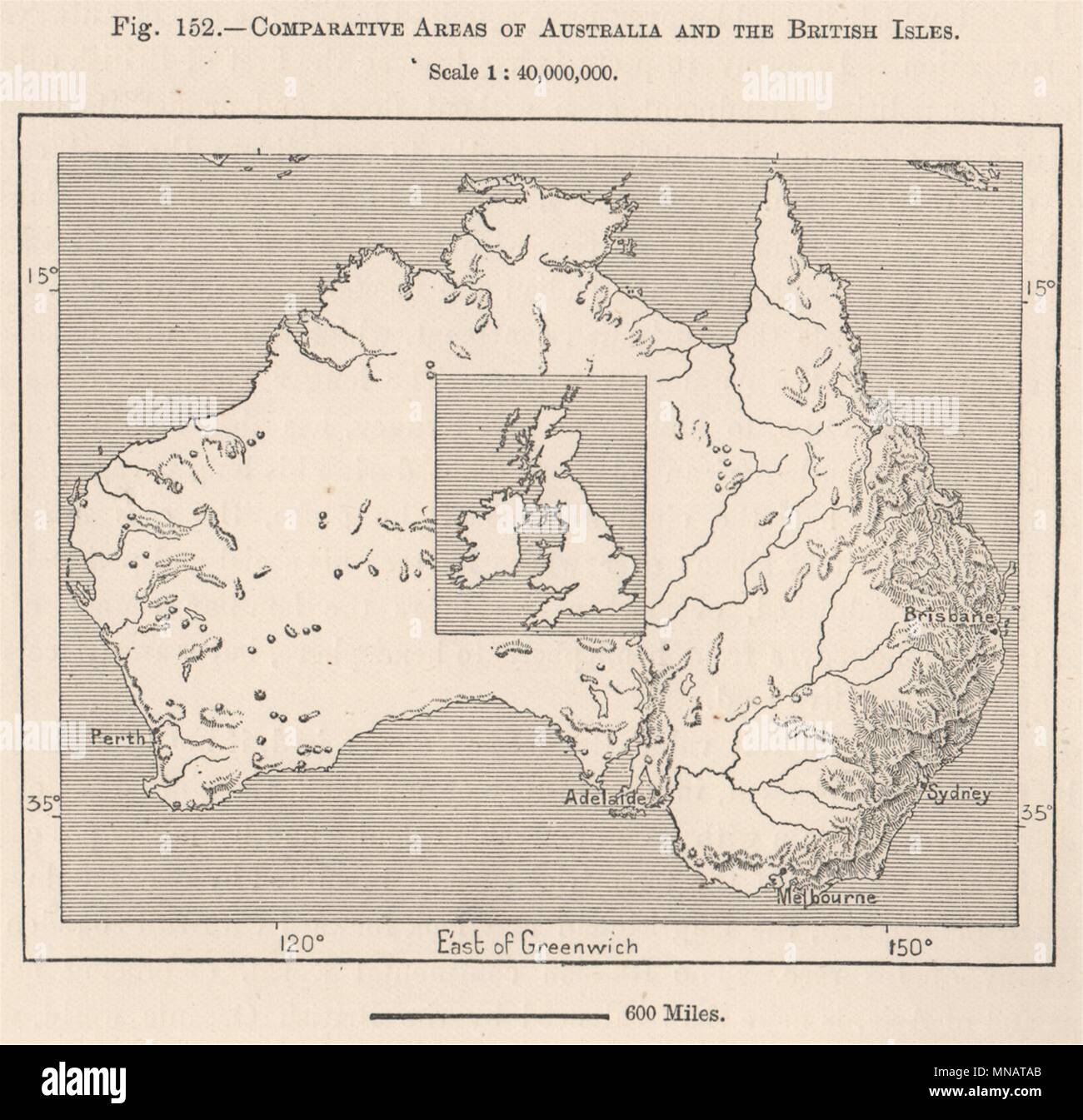 Comparative Areas of Australia and the British Isles 1885 old antique map Stock Photo - Alamy
