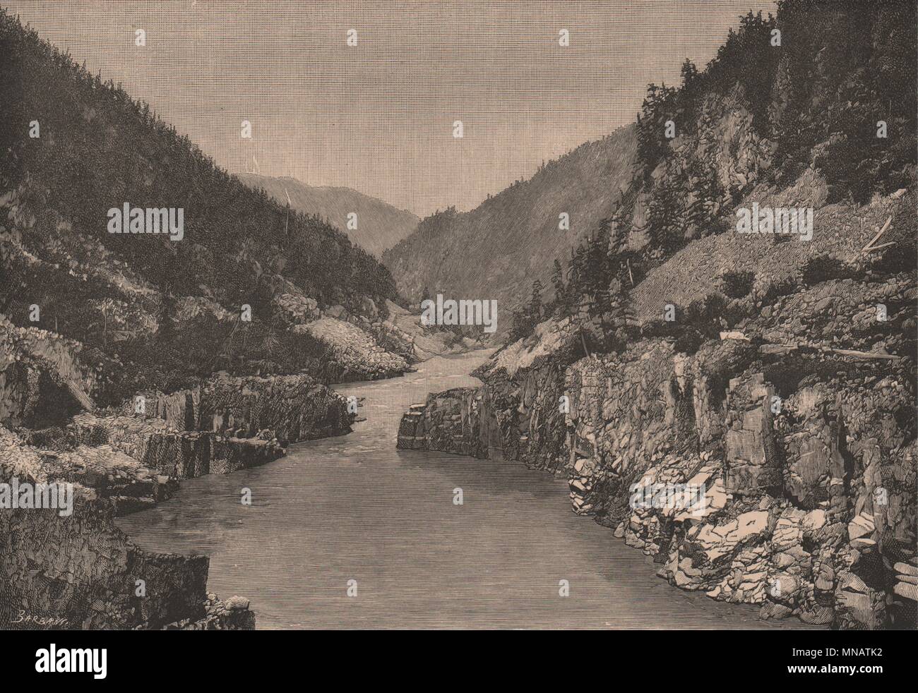 View of Hell's Gate Gorge, Fraser River Canyon. Canada 1885 old antique ...