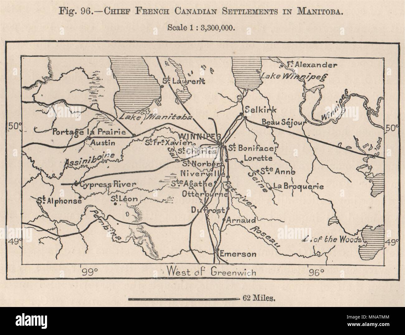 Chief French Canadian settlements in Manitoba. Canada 1885 old antique