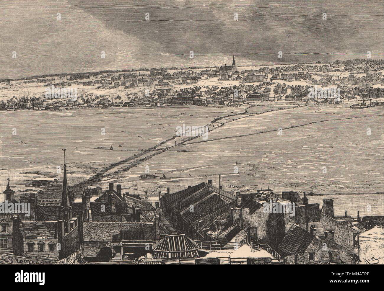 Ice Bridge on the St. Lawrence - View from Quebec City. Canada 1885 old ...