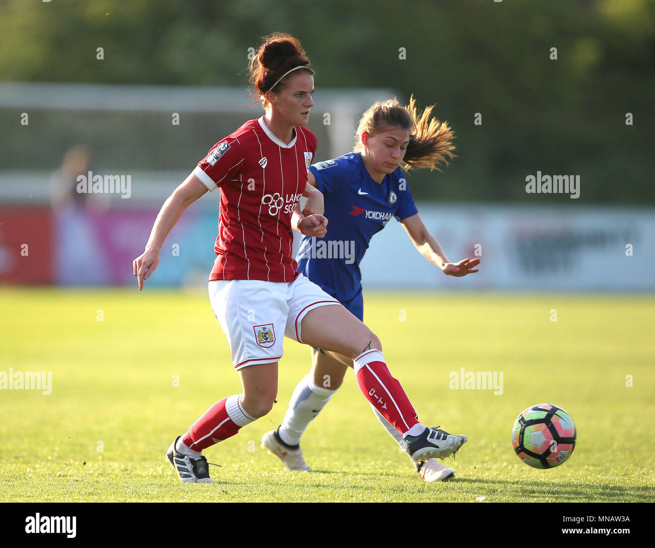 Bristol City Women's Jasmine Matthews (left) and Chelsea Ladies Hannah Blundell battle for the ball during the Women's Super League match at Stoke Gifford Stadium, Bristol. Stock Photo