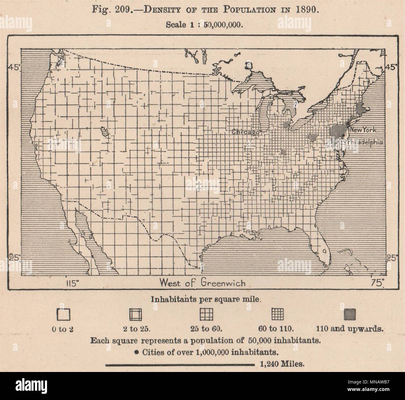 Density of the population in 1890. USA. United States 1885 old antique map Stock Photo Alamy