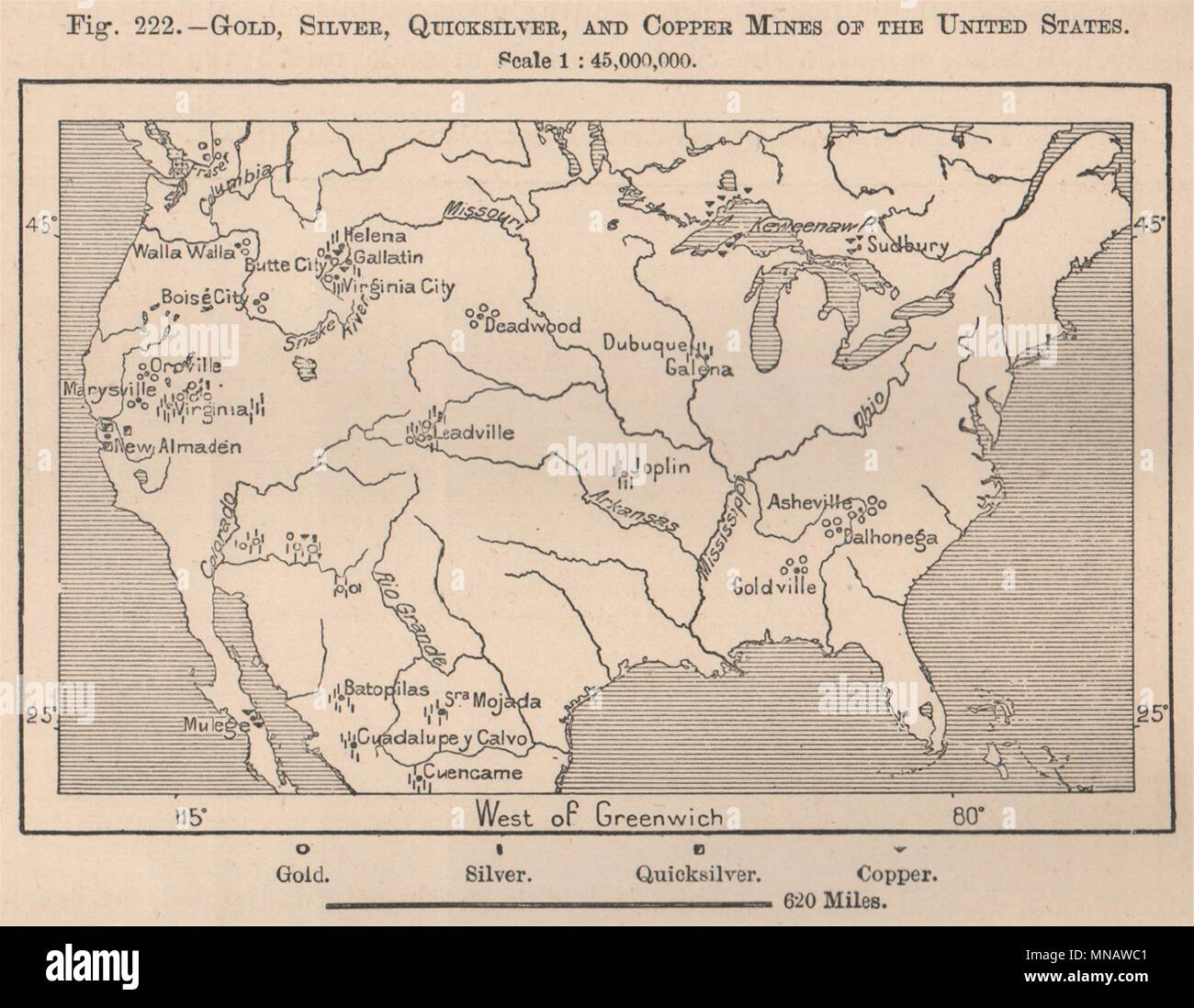 Gold Silver Quicksilver(Mercury)Copper Mines of the United States.USA 1885 map Stock Photo