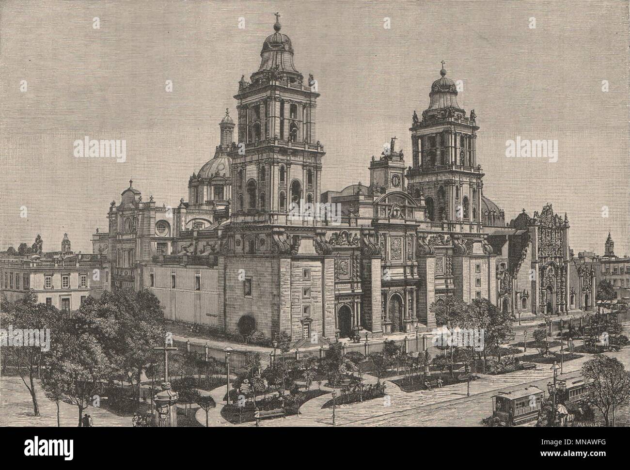 Mexico City Metropolitan Cathedral. Catedral Metropolitana 1885 old print Stock Photo