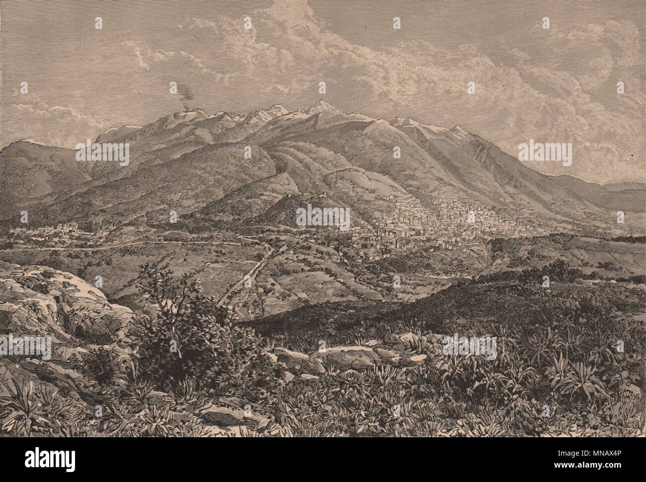 East view of Quito & Mount Pichincha, from La Loma de Puengasi. Ecuador