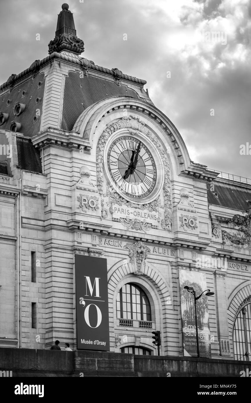 Paris, FRANCE - April 16, 2018: Closeup of the clock of the Orsay the Museum (Museé D'Orsay). This clock is from 1900 decade. Black and white shot Stock Photo