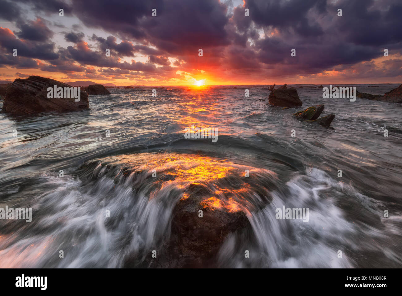 Sunset at Barrika beach, Games of Thrones Location Stock Photo