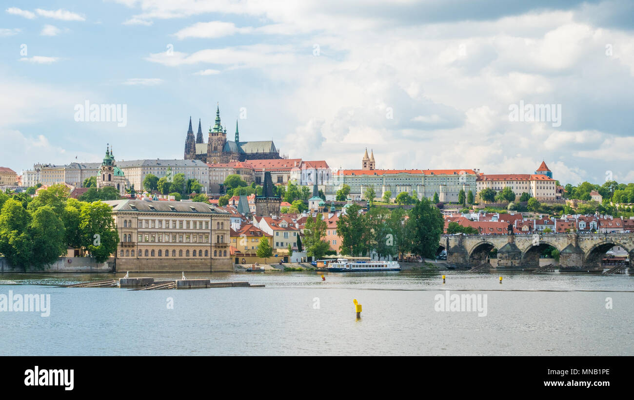 Prague Castle complex and the Vltava river, Czech Republic. Charles Bridge is on the right. Stock Photo