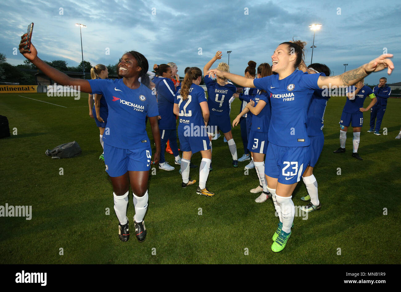 Chelsea's Eniola Aluko (left) and Ramona Bachman celebrate becoming Women's Super League Champions during the Women's Super League match at Stoke Gifford Stadium, Bristol. Stock Photo