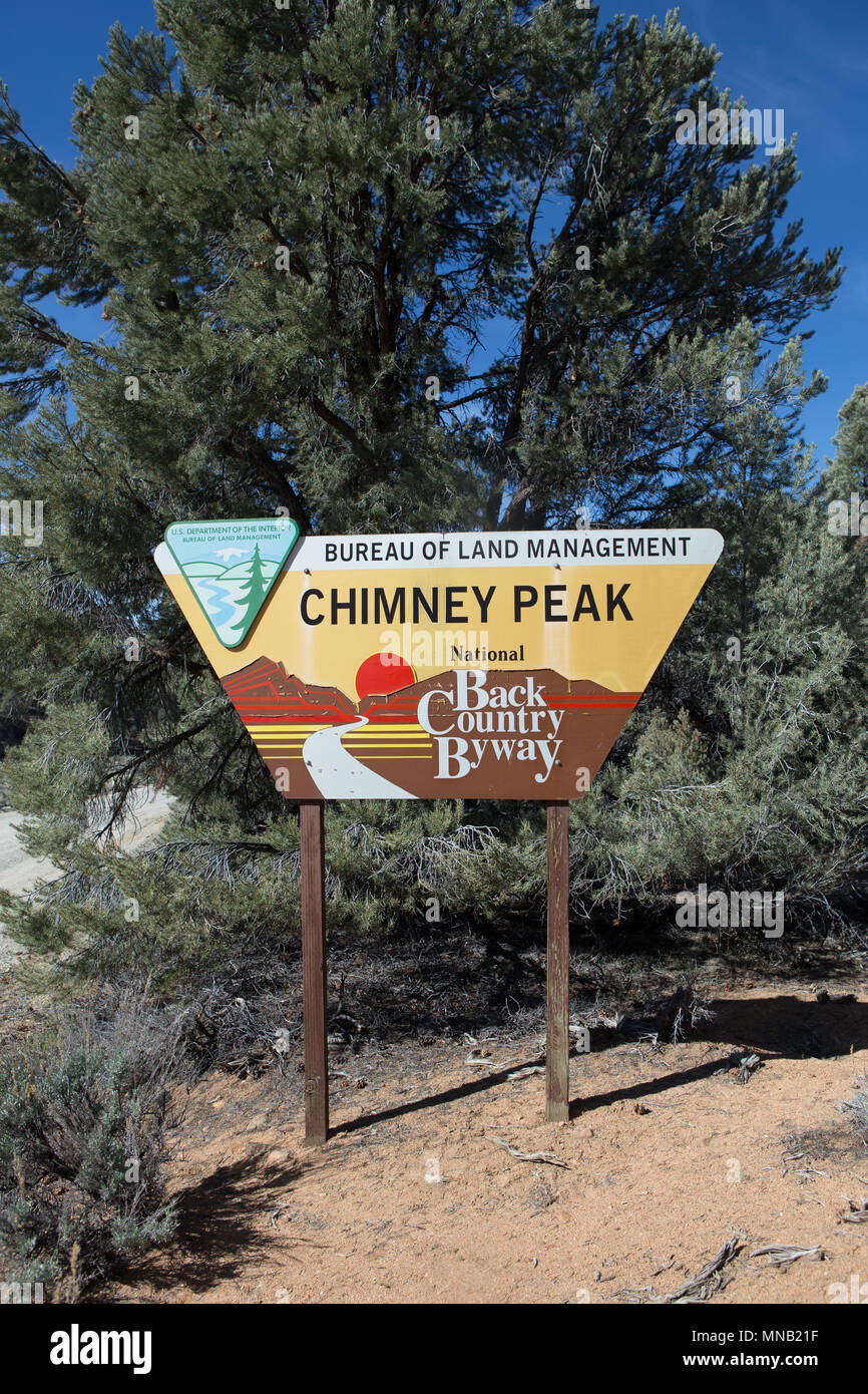 Chimney Peak Back Country Byway sign on the dirt road in the South