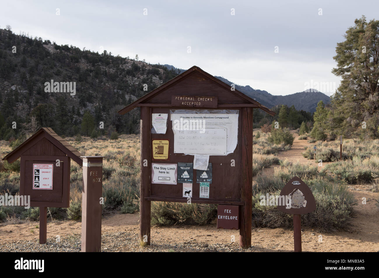 Entrance and information boards at Kennedy Meadows campground in the Sierra Nevada mountains USA Stock Photo