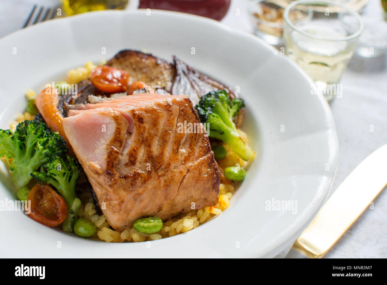 Grilled Salmon Steak with Vegetables on White Plate. Healthy Food Stock ...