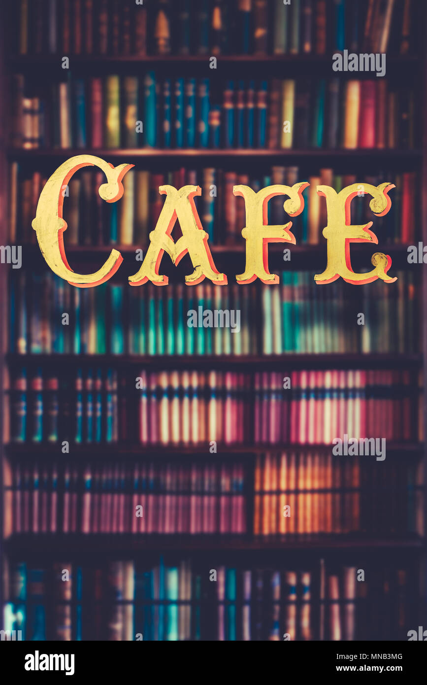 Vintage Sign In The Window Of A Book Store Cafe Stock Photo