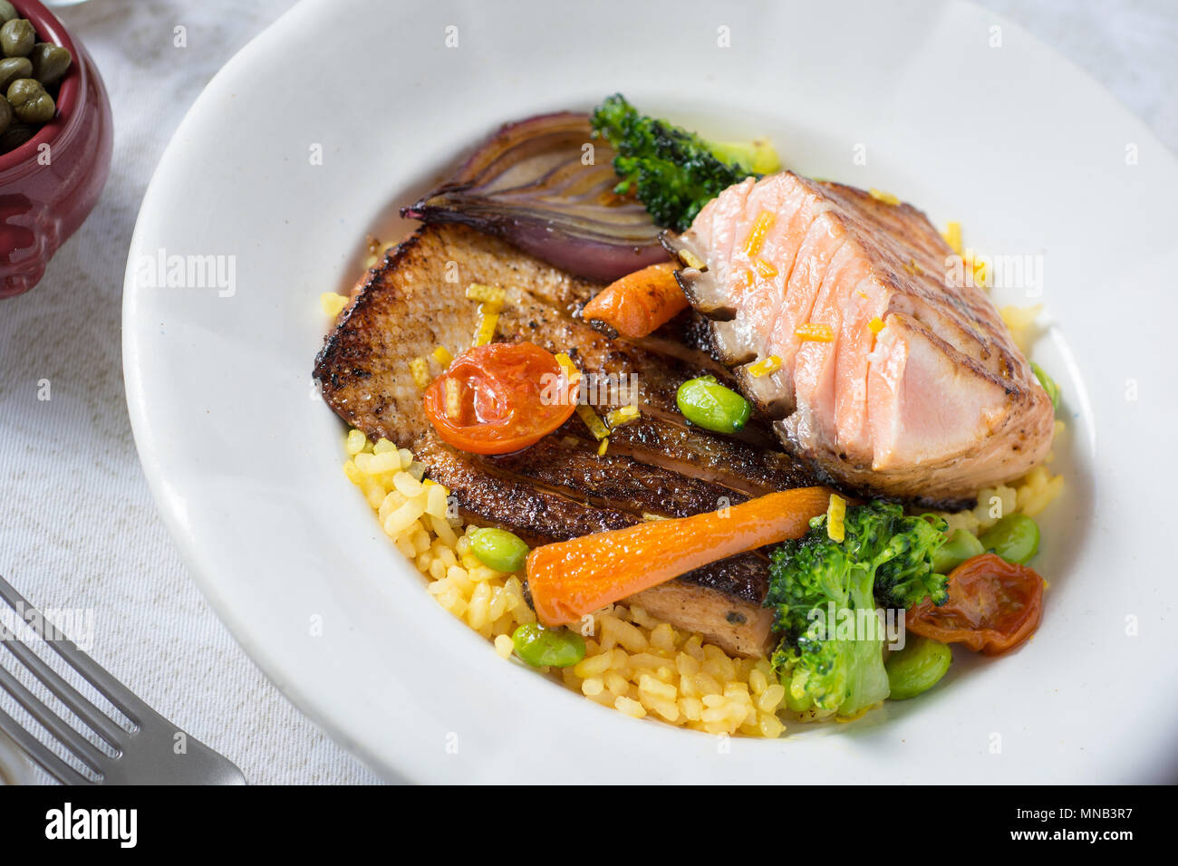 Grilled Salmon Steak with Vegetables on White Plate. Healthy Food Stock ...