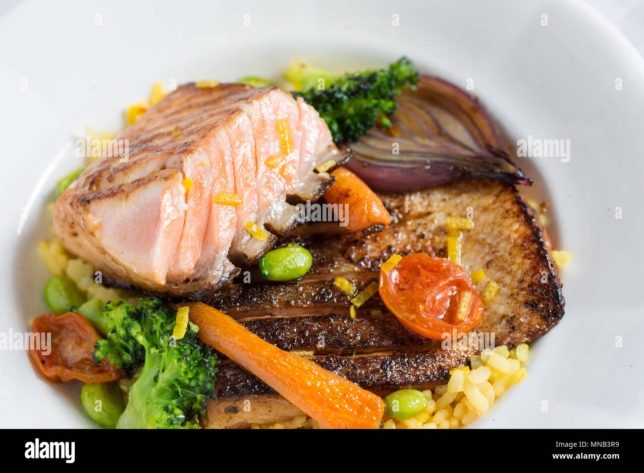 Grilled Salmon Steak with Vegetables on White Plate. Healthy Food Stock ...