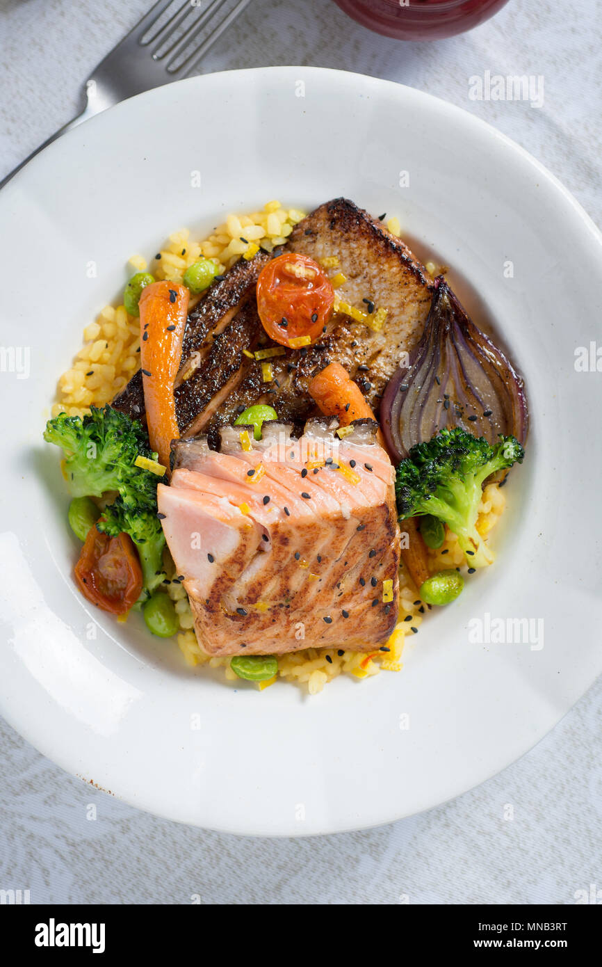 Grilled Salmon Steak with Vegetables on White Plate. Healthy Food Stock ...