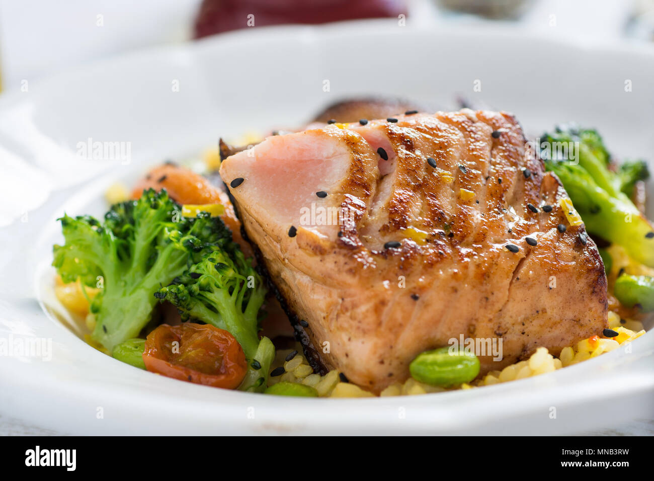 Grilled Salmon Steak with Vegetables on White Plate. Healthy Food Stock ...