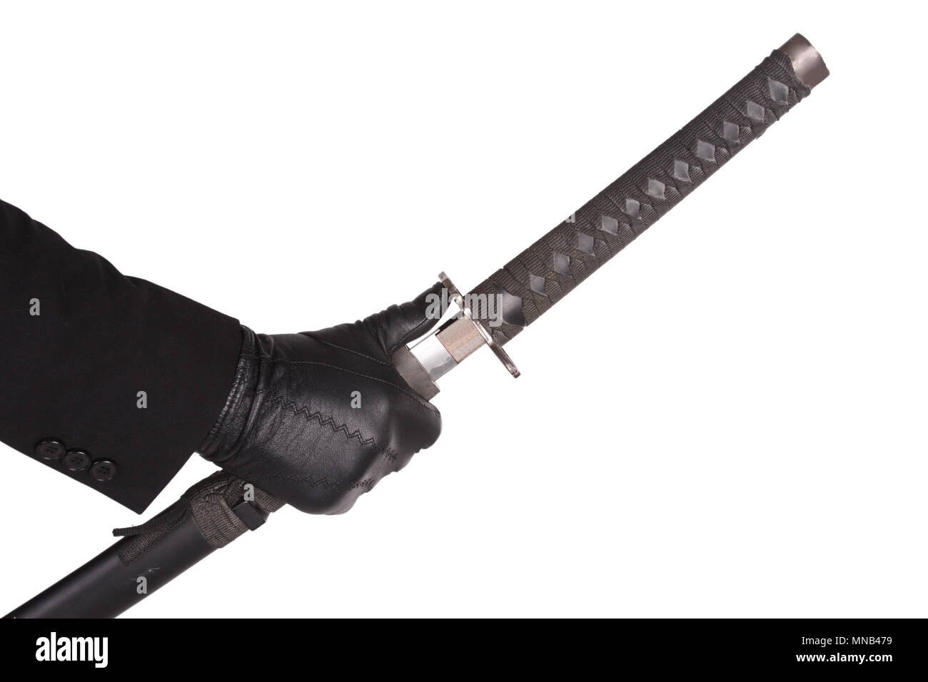mans hand in black costume with katana sword isolated on white Stock Photo  - Alamy
