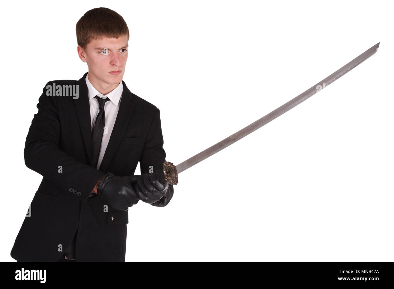 man in black costume and katana sword isolated on white Stock Photo - Alamy
