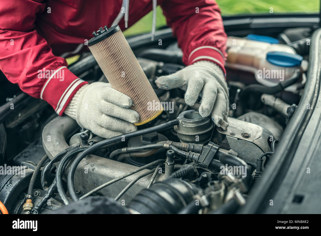 The auto mechanic replaces the car's oil filter. Stock Photo