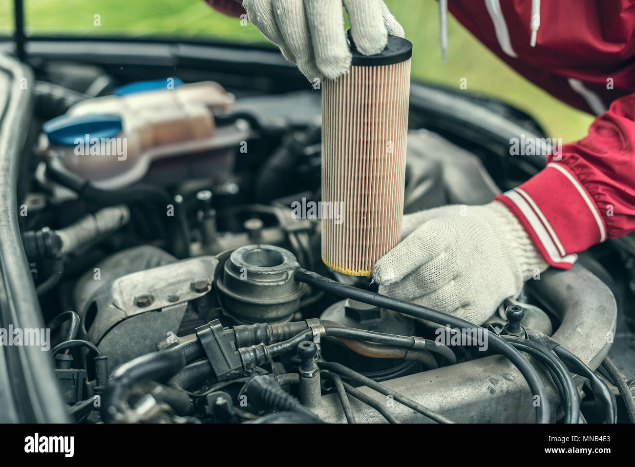 The auto mechanic replaces the car's oil filter. Stock Photo