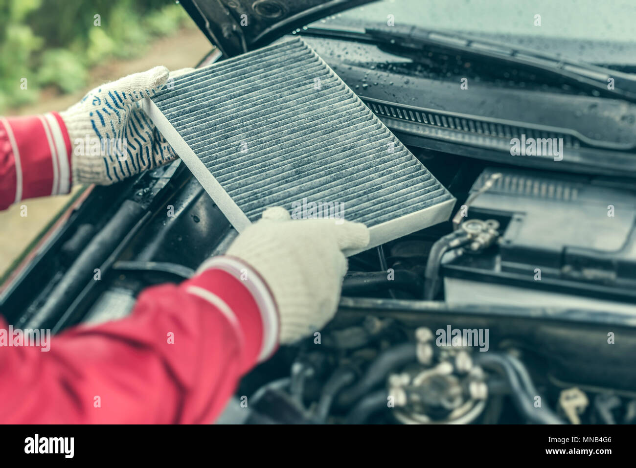 The auto mechanic replaces the car's interior filter. Stock Photo