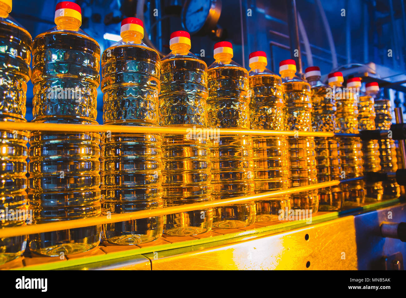 Sunflower oil. Factory line of production and filling of refined oil