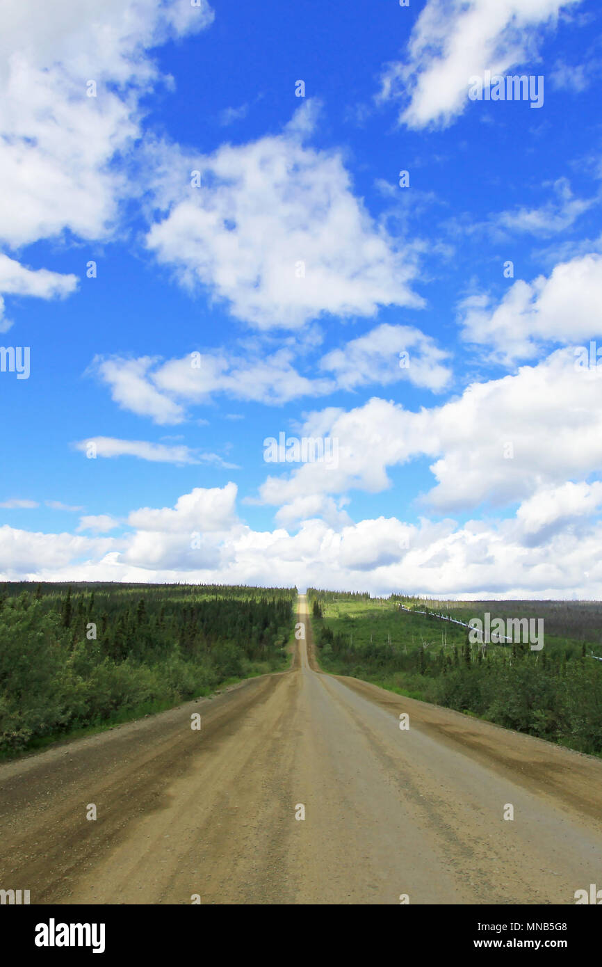 View of Dalton Highway with oil pipeline, leading from Valdez