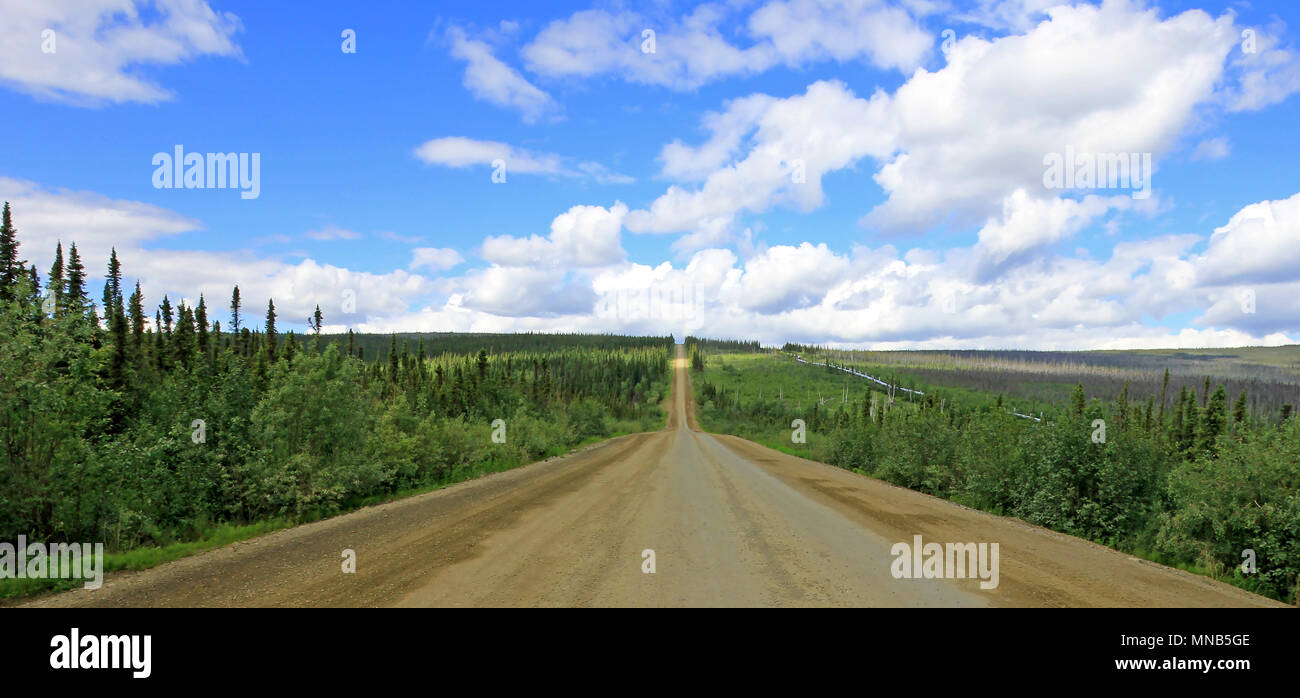 View of Dalton Highway with oil pipeline, leading from Valdez