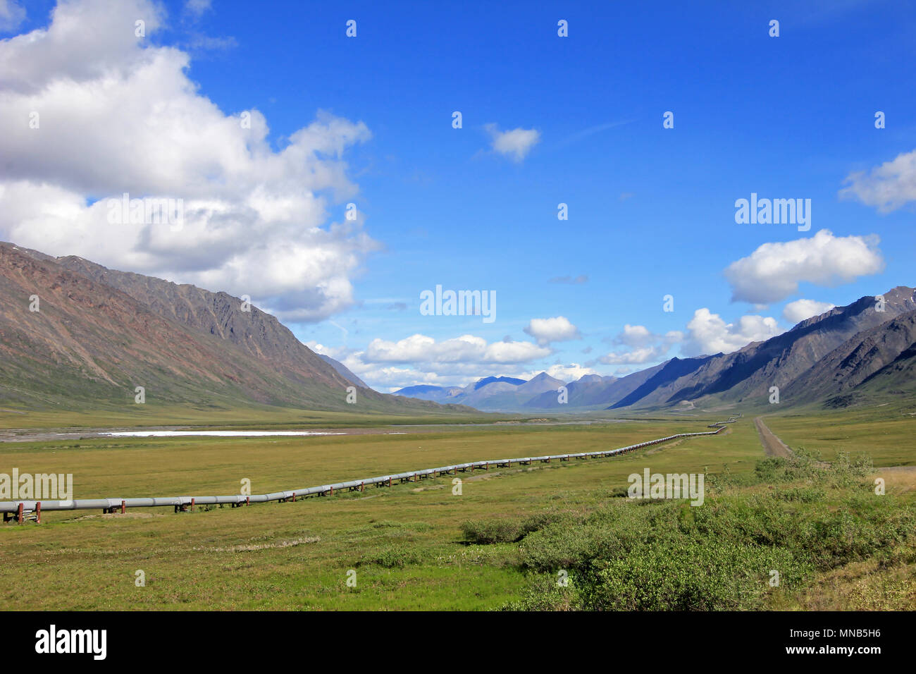 View of Dalton Highway with oil pipeline, leading from Valdez