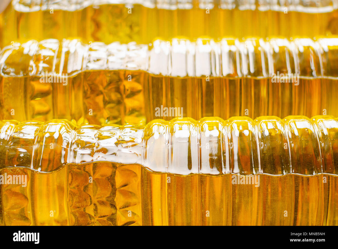 Sunflower oil. Olive oil. Bottles with butter on a wooden table. Stock Photo