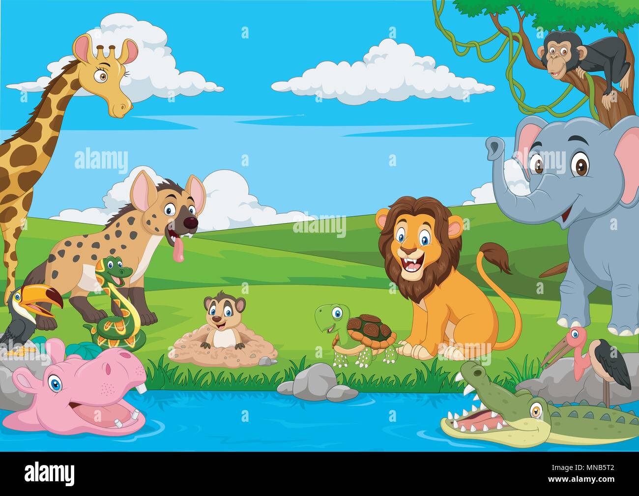 Cartoon African landscape with wild animals Stock Vector