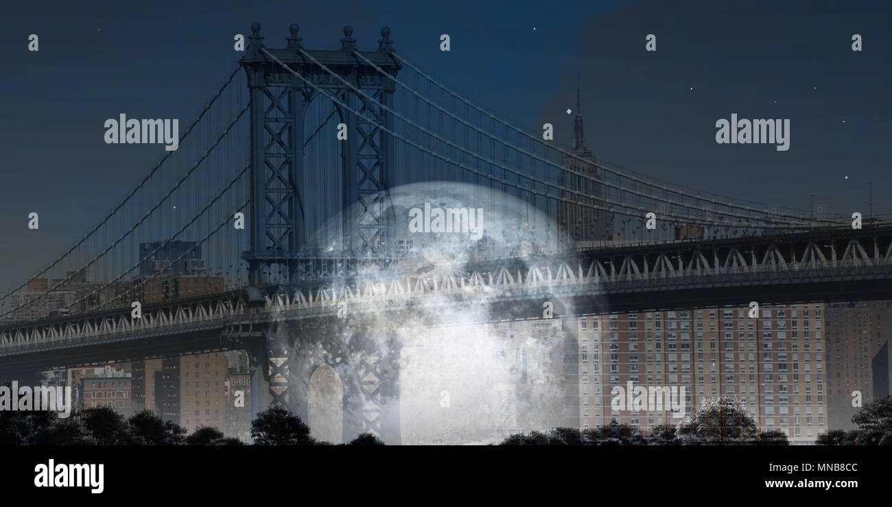Giant Of Modern Photography At >> Modern Art Manhattan Bridge Giant Moon At The Horizon Stock Photo Giant Of Modern Photography At >> Modern Art Manhattan Bridge Giant Moon At The Horizon Stock Photo