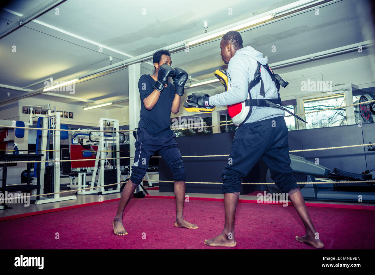 Boxing trainer wearing protective vest and focus mitts while training